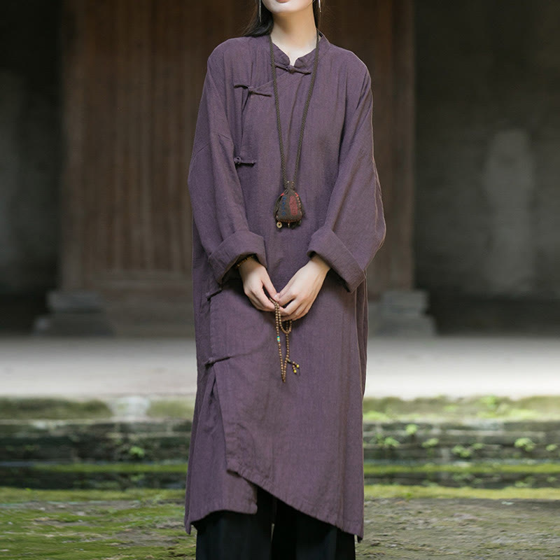 Solid Color Frog-Button Long Sleeve Ramie Linen Cotton Midi Dress With Pockets