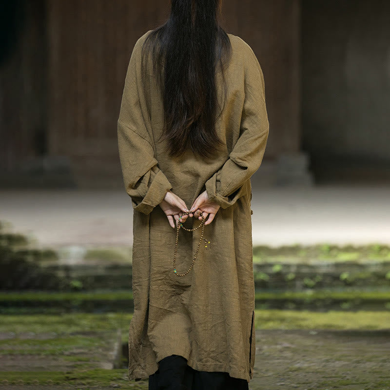 Solid Color Frog-Button Long Sleeve Ramie Linen Cotton Midi Dress With Pockets
