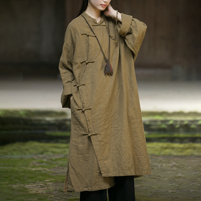 Solid Color Frog-Button Long Sleeve Ramie Linen Cotton Midi Dress With Pockets