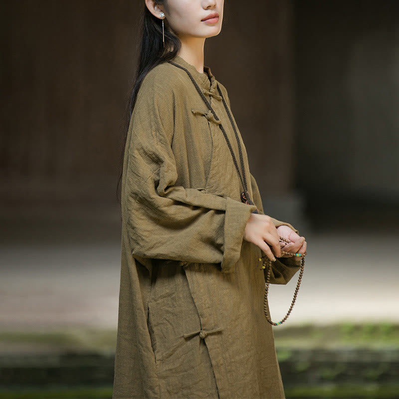 Solid Color Frog-Button Long Sleeve Ramie Linen Cotton Midi Dress With Pockets