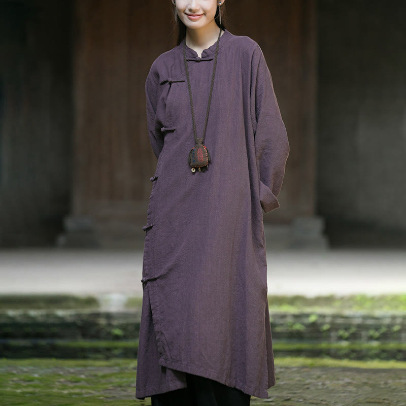 Solid Color Frog-Button Long Sleeve Ramie Linen Cotton Midi Dress With Pockets