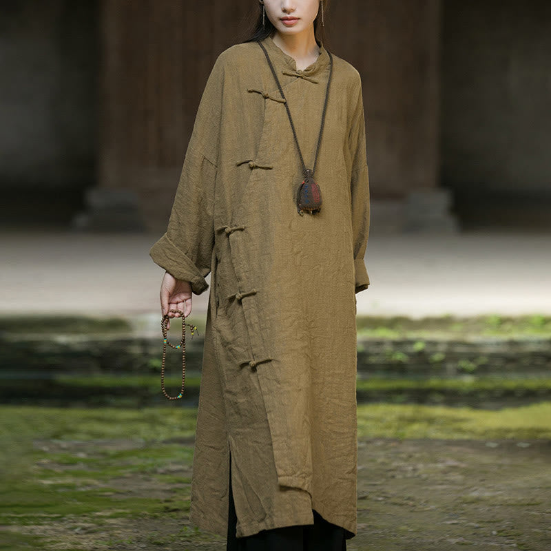 Solid Color Frog-Button Long Sleeve Ramie Linen Cotton Midi Dress With Pockets