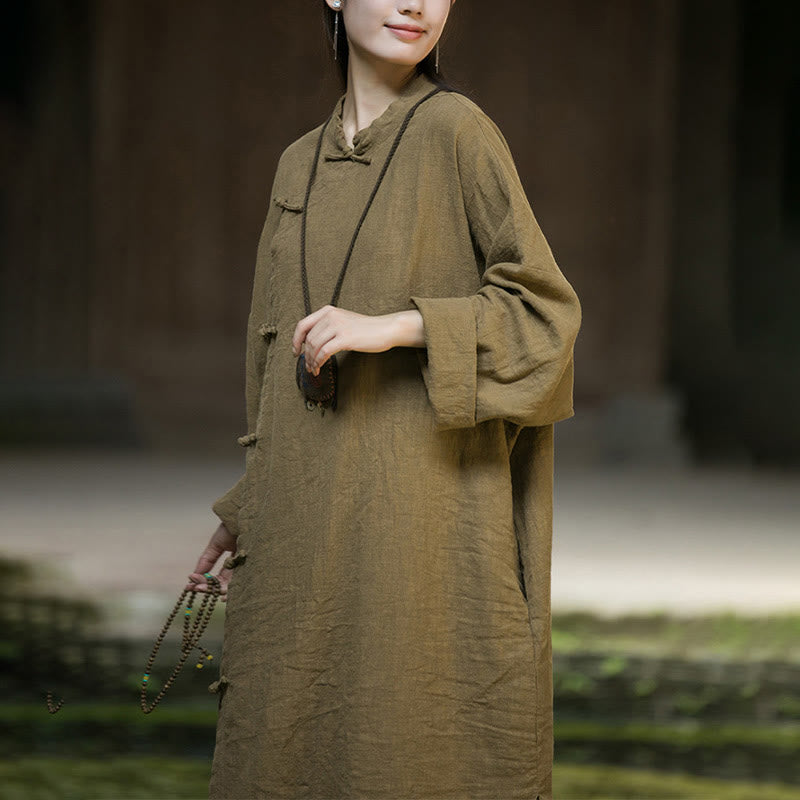 Solid Color Frog-Button Long Sleeve Ramie Linen Cotton Midi Dress With Pockets
