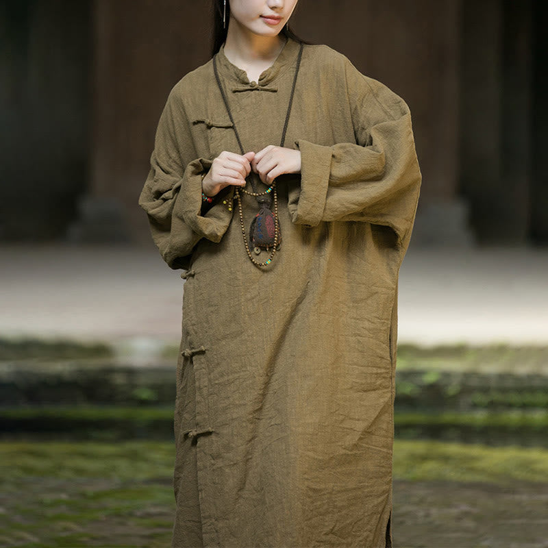 Solid Color Frog-Button Long Sleeve Ramie Linen Cotton Midi Dress With Pockets