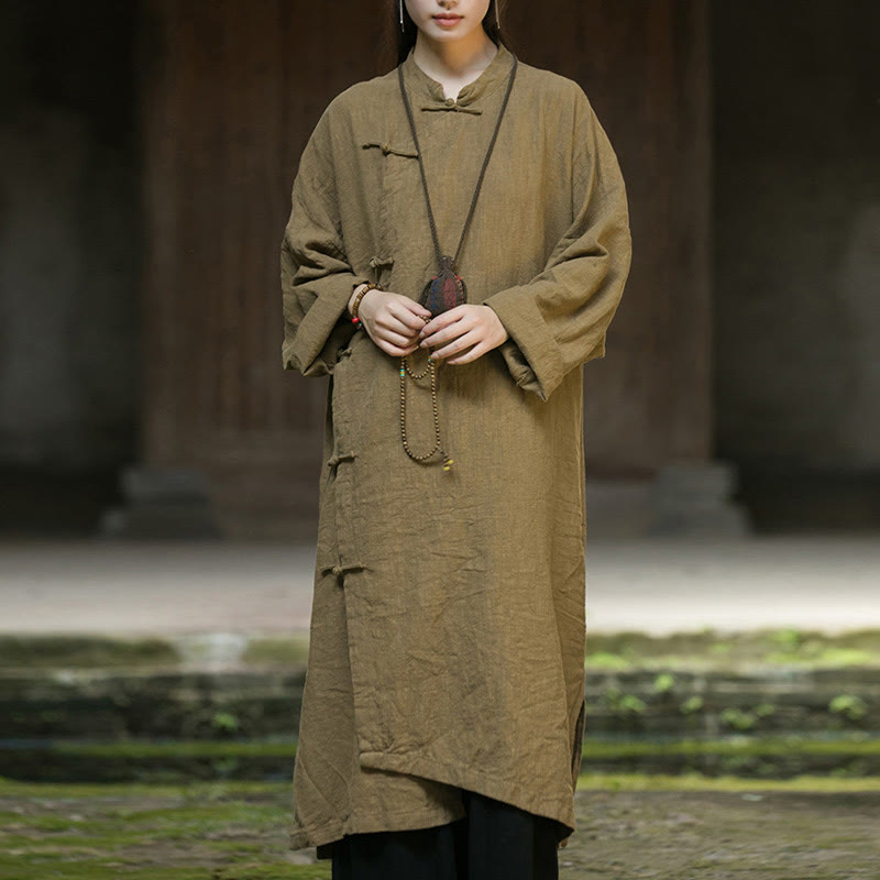 Solid Color Frog-Button Long Sleeve Ramie Linen Cotton Midi Dress With Pockets
