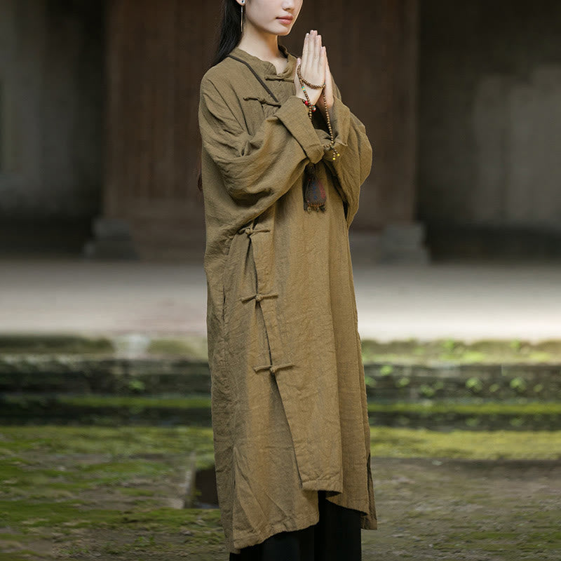 Solid Color Frog-Button Long Sleeve Ramie Linen Cotton Midi Dress With Pockets