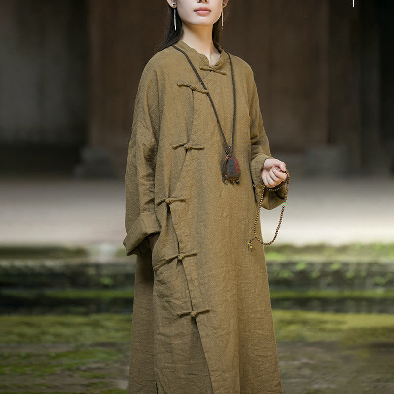 Solid Color Frog-Button Long Sleeve Ramie Linen Cotton Midi Dress With Pockets