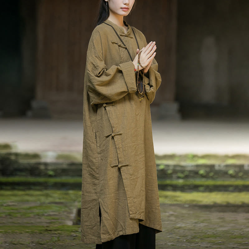 Solid Color Frog-Button Long Sleeve Ramie Linen Cotton Midi Dress With Pockets
