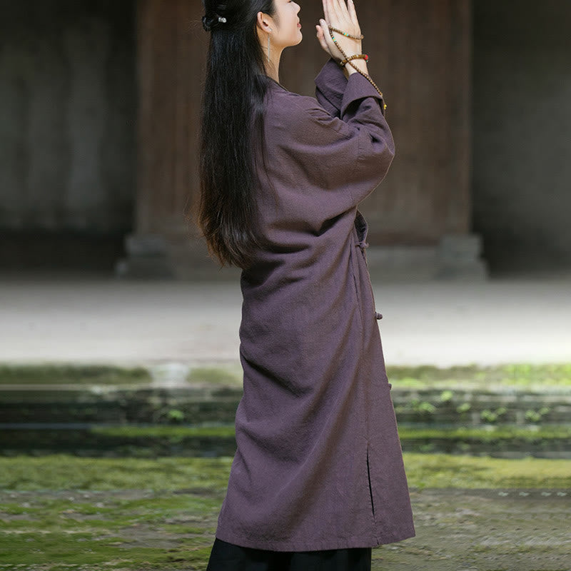 Solid Color Frog-Button Long Sleeve Ramie Linen Cotton Midi Dress With Pockets