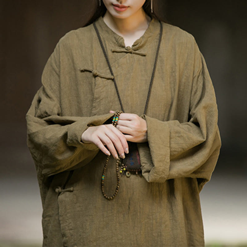 Solid Color Frog-Button Long Sleeve Ramie Linen Cotton Midi Dress With Pockets