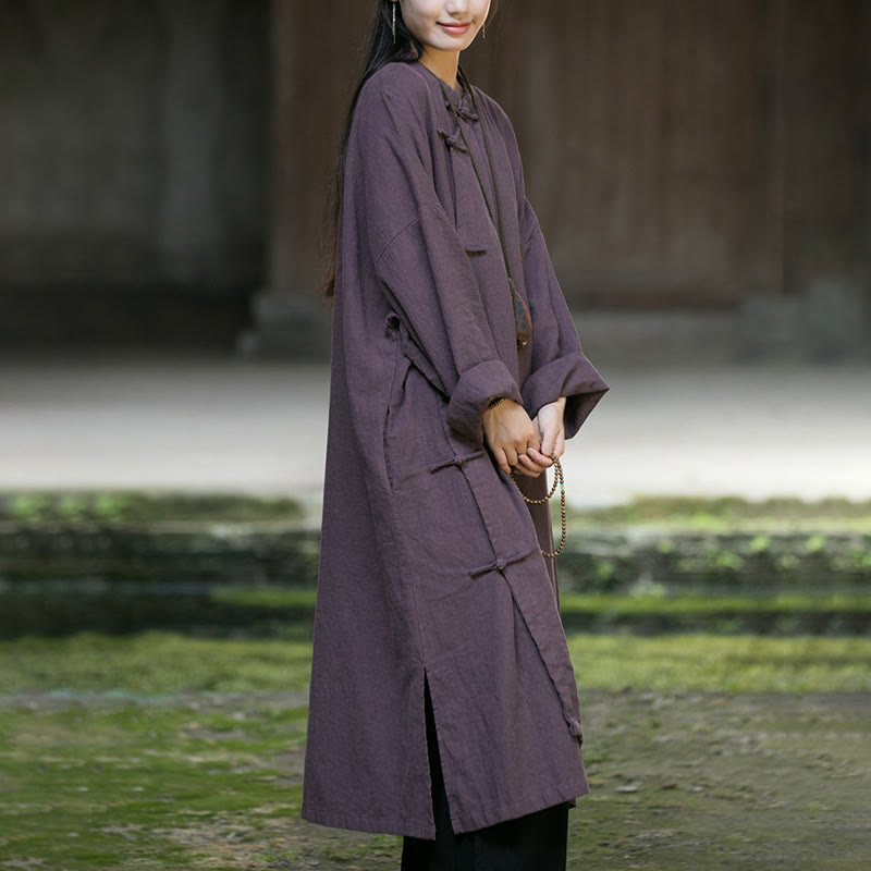 Solid Color Frog-Button Long Sleeve Ramie Linen Cotton Midi Dress With Pockets