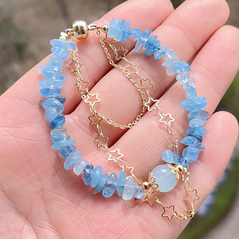Aquamarine Gravel Star Copper Chain Bracelet with Magnetic Buckle