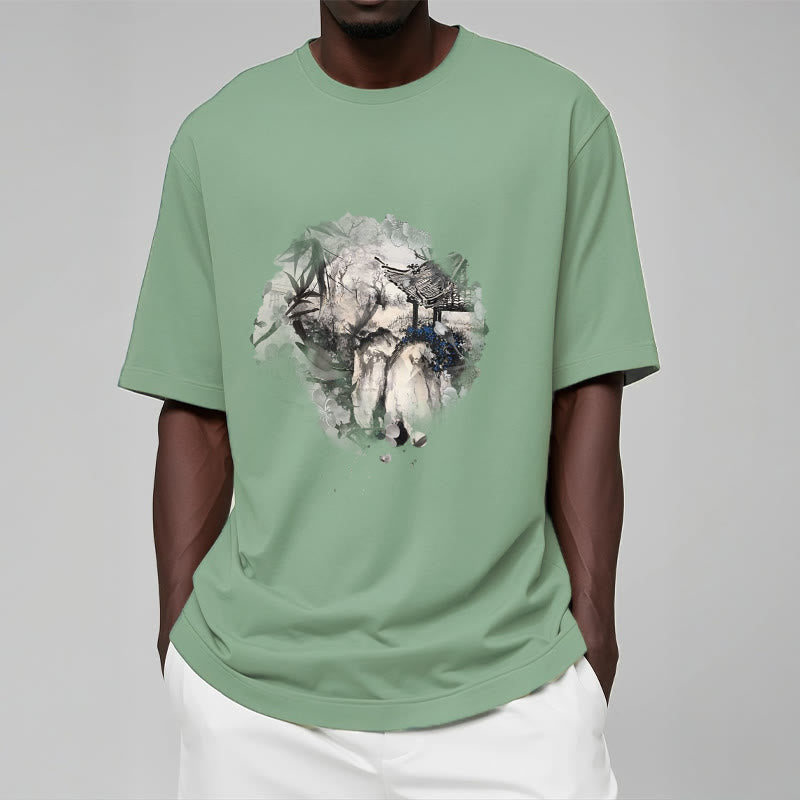 Chinese Bamboo Mountain Pavilion Design Pattern Tee T-shirt