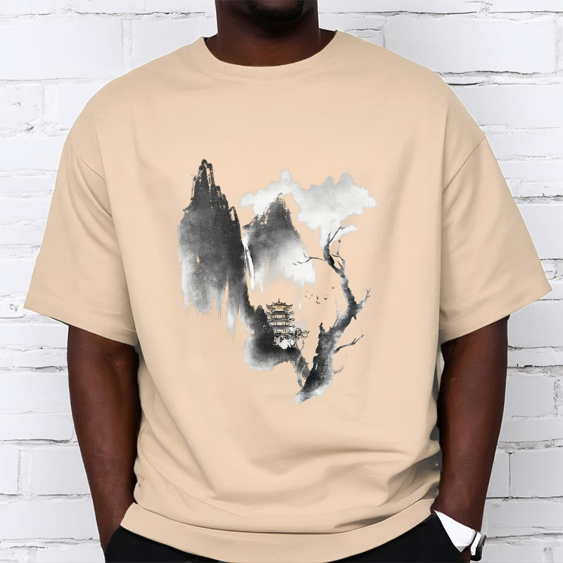 Pavilion Tree Geese Around The Mountains Pattern Tee T-shirt