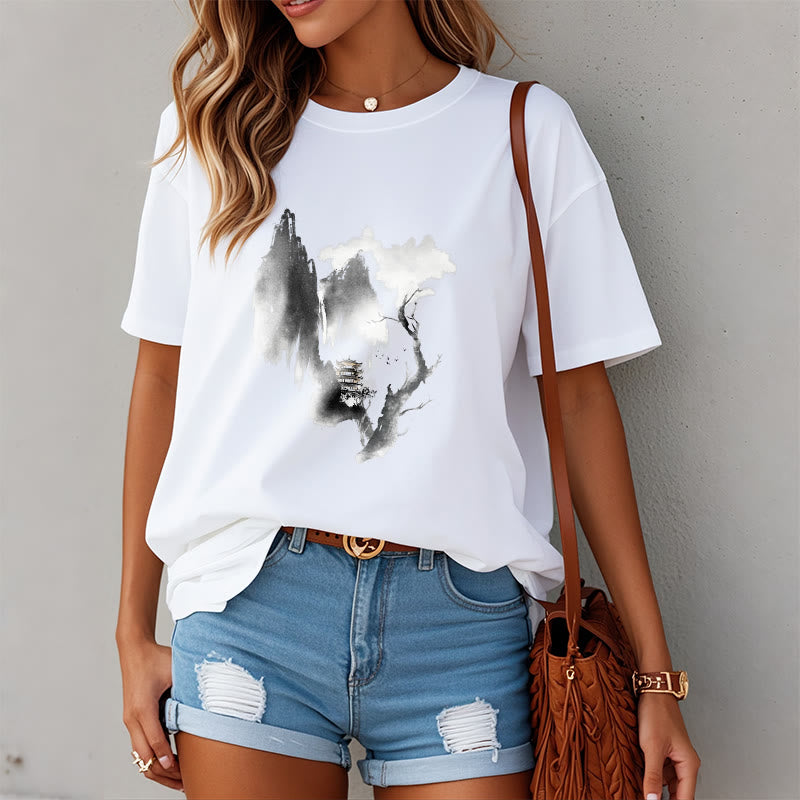 Pavilion Tree Geese Around The Mountains Pattern Tee T-shirt