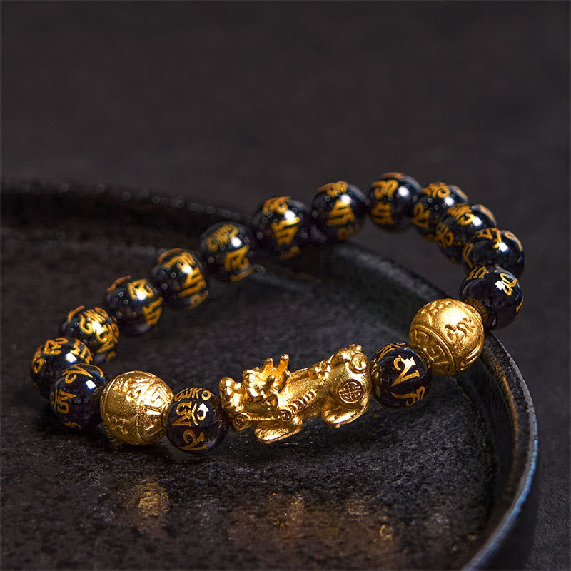 Adjustable Black Obsidian Beaded Bracelet with Pixiu Charm, Agate, Copper, and Om Mani Inscription