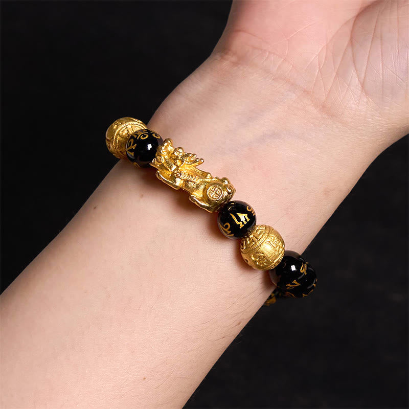 Adjustable Black Obsidian Beaded Bracelet with Pixiu Charm, Agate, Copper, and Om Mani Inscription