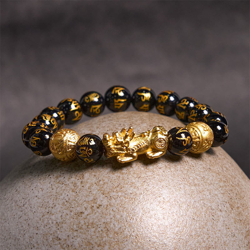 Adjustable Black Obsidian Beaded Bracelet with Pixiu Charm, Agate, Copper, and Om Mani Inscription