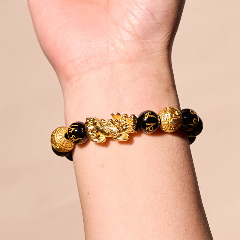 Adjustable Black Obsidian Beaded Bracelet with Pixiu Charm, Agate, Copper, and Om Mani Inscription