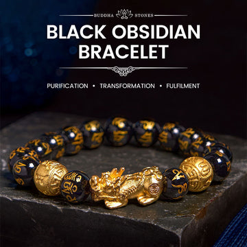 Adjustable Black Obsidian Beaded Bracelet with Pixiu Charm, Agate, Copper, and Om Mani Inscription