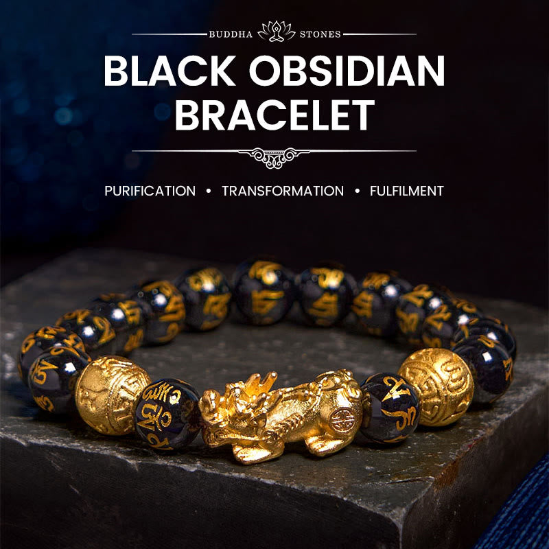Adjustable Black Obsidian Beaded Bracelet with Pixiu Charm, Agate, Copper, and Om Mani Inscription