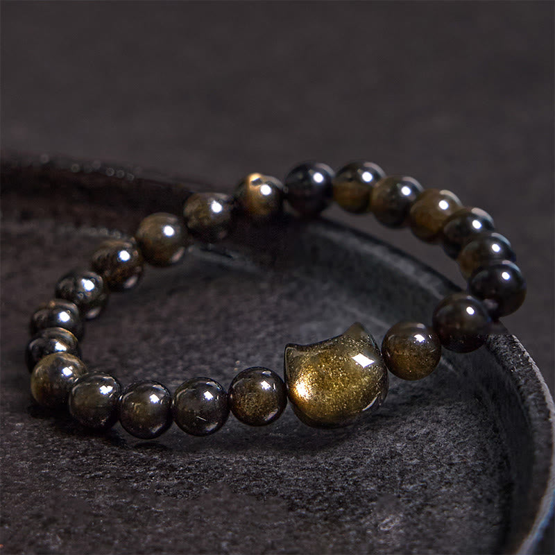 Handmade Gold & Silver Sheen Obsidian Feline Charm Beaded Bracelet