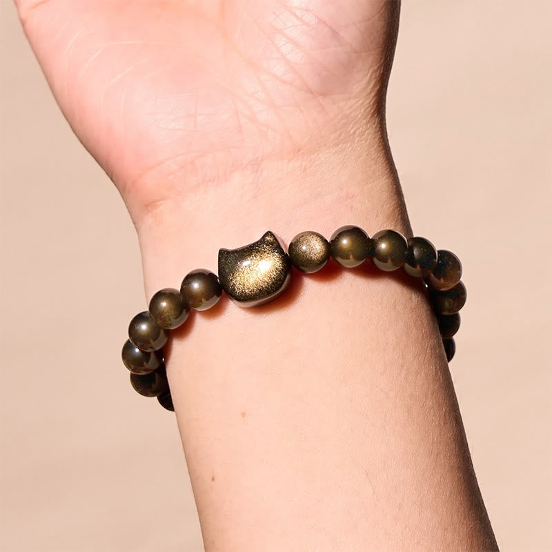 Handmade Gold & Silver Sheen Obsidian Feline Charm Beaded Bracelet