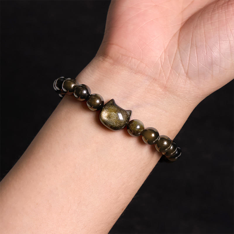 Handmade Gold & Silver Sheen Obsidian Feline Charm Beaded Bracelet