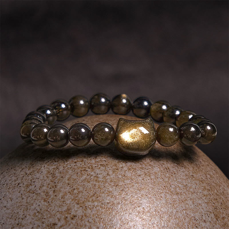 Handmade Gold & Silver Sheen Obsidian Feline Charm Beaded Bracelet
