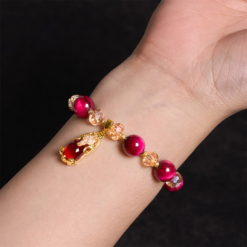 Red Tiger Eye Beaded Bracelet with Carved Pixiu or Fox Totem