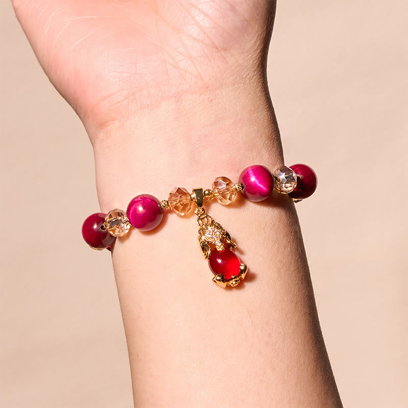 Red Tiger Eye Beaded Bracelet with Carved Pixiu or Fox Totem