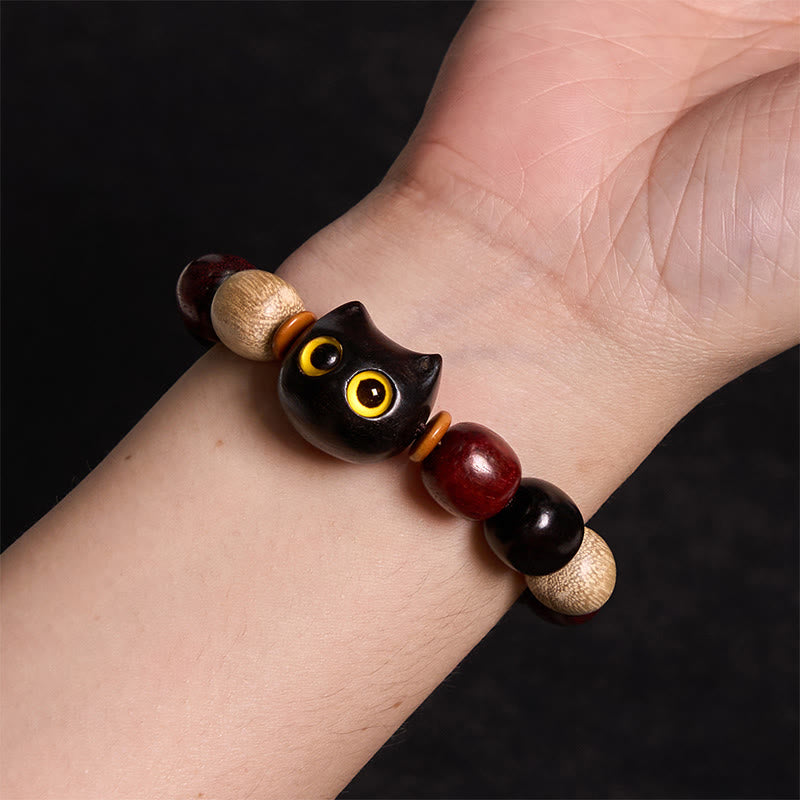 Hand-Carved Cat Engraved Red Sandalwood and Ebony Wood Bracelet