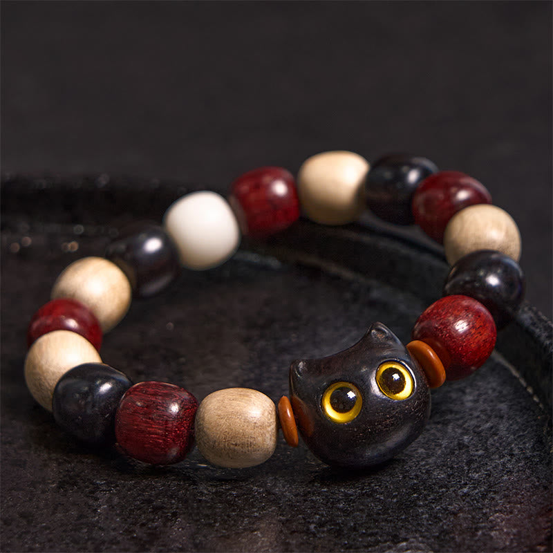 Cute Cat Engraved Sandalwood & Ebony Wood Energy Bracelet