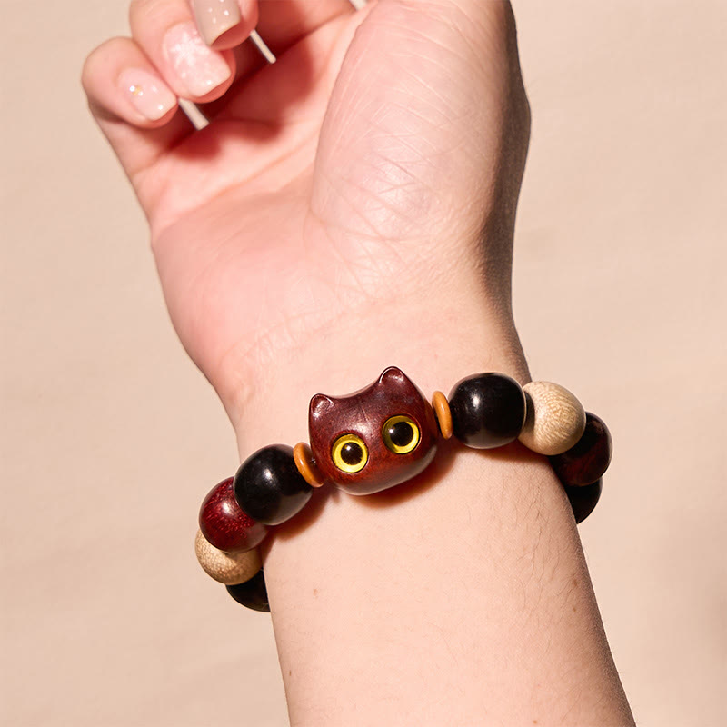 Hand-Carved Cat Engraved Red Sandalwood and Ebony Wood Bracelet