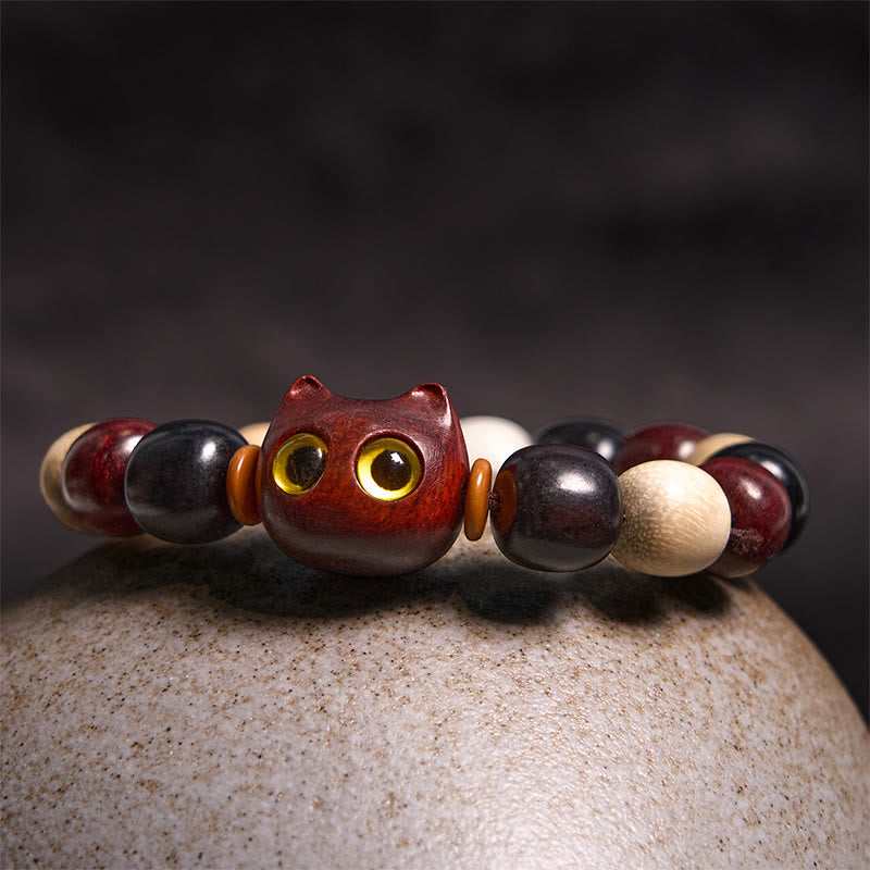 Cute Cat Engraved Sandalwood & Ebony Wood Energy Bracelet