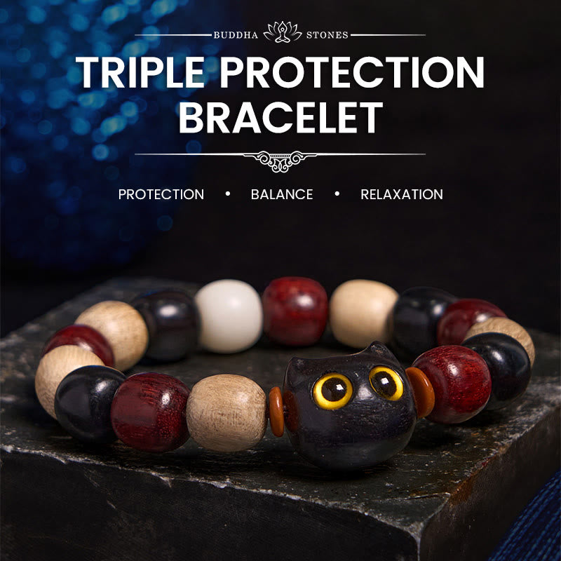 Hand-Carved Cat Engraved Red Sandalwood and Ebony Wood Bracelet
