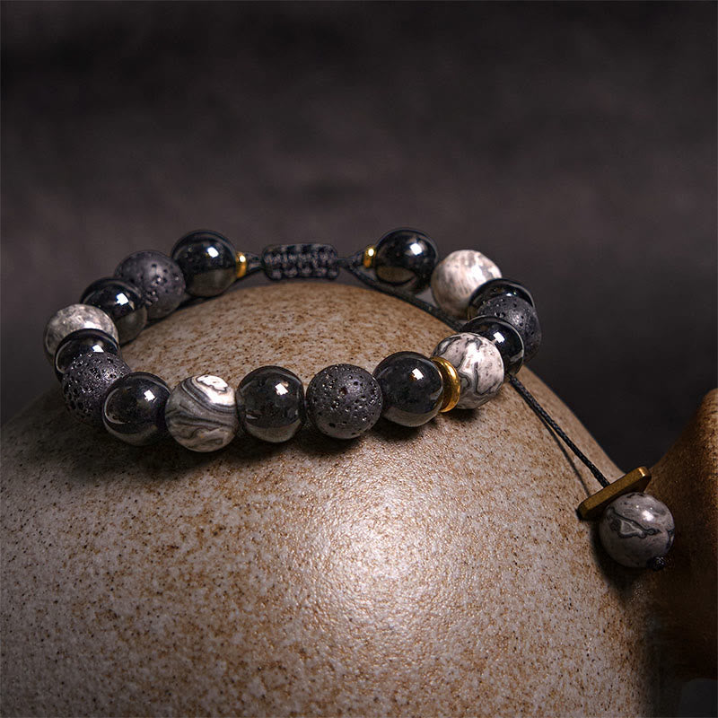 Natural Black Obsidian and Lava Rock Yin Yang Beaded Balance Bracelet