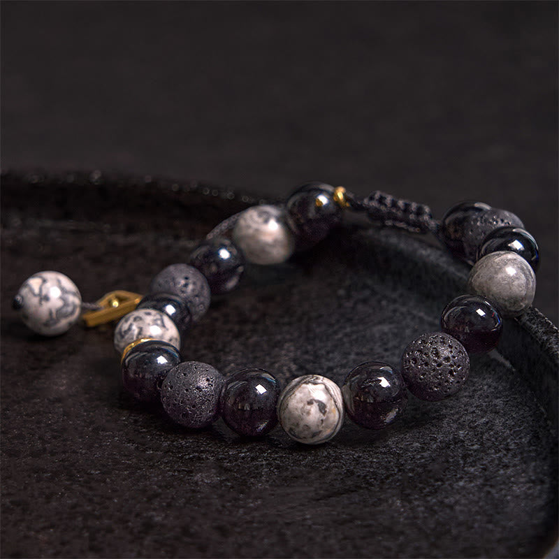 Natural Black Obsidian and Lava Rock Yin Yang Beaded Balance Bracelet