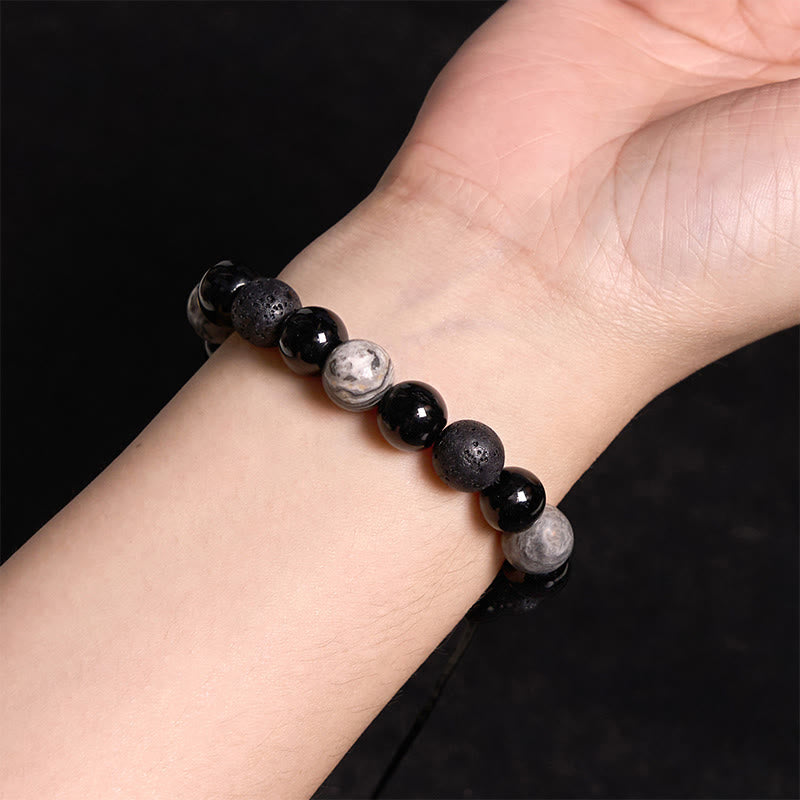 Natural Black Obsidian and Lava Rock Yin Yang Beaded Balance Bracelet