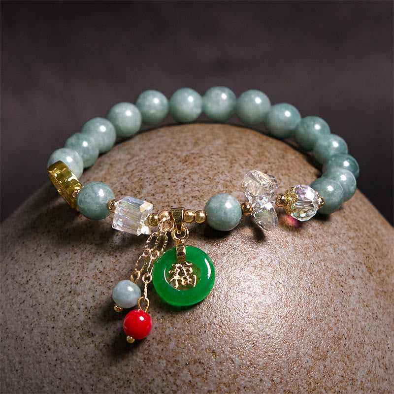 Strawberry Quartz and Jade Fu Character Charm Beaded Bracelet