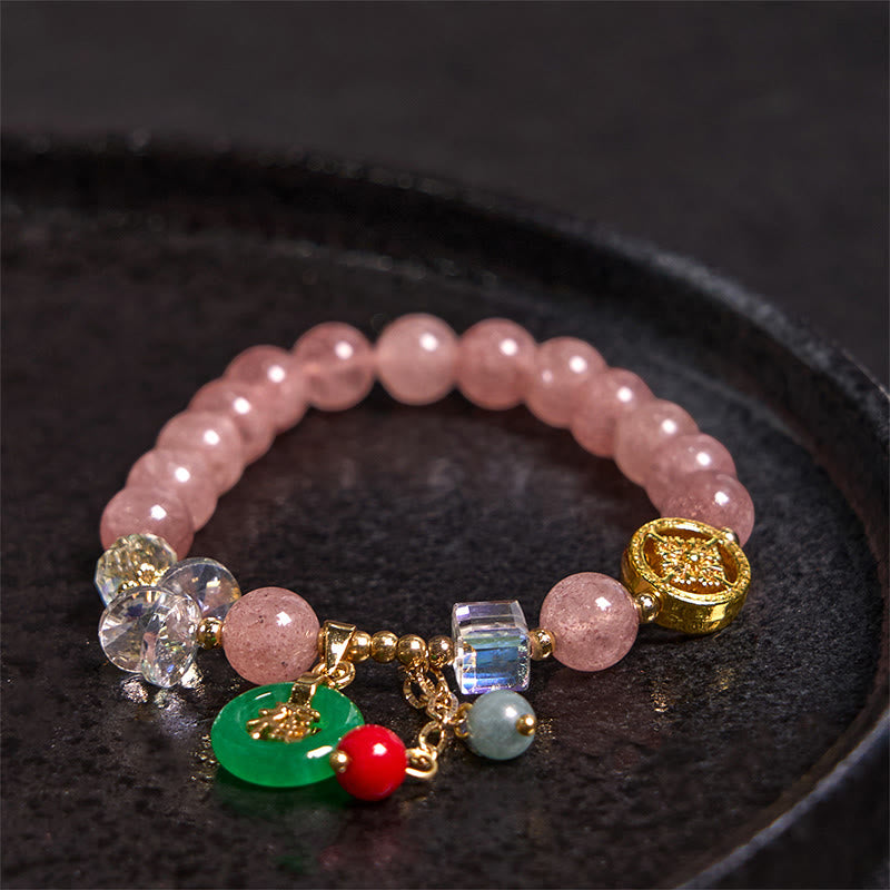 Strawberry Quartz and Jade Fu Character Charm Beaded Bracelet