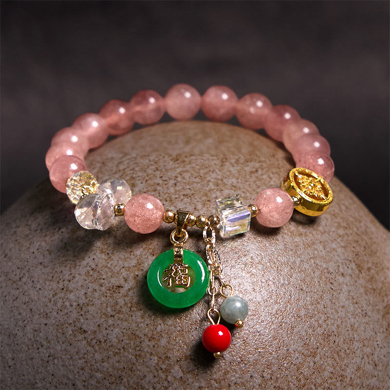 Strawberry Quartz and Jade Fu Character Charm Beaded Bracelet