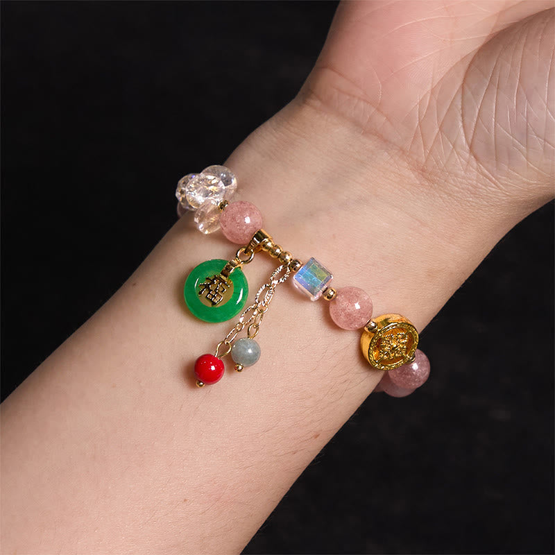 Strawberry Quartz and Jade Fu Character Charm Beaded Bracelet