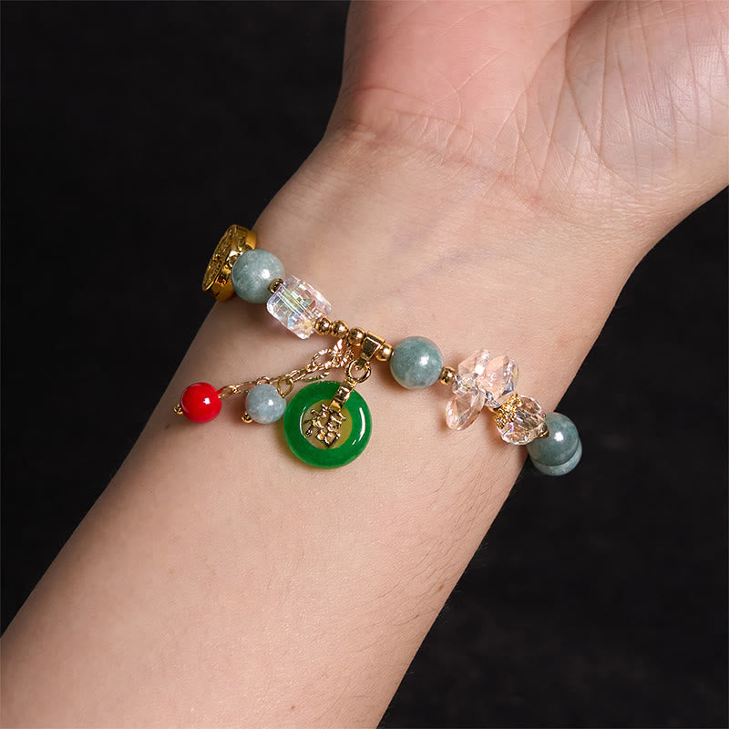Strawberry Quartz and Jade Fu Character Charm Beaded Bracelet