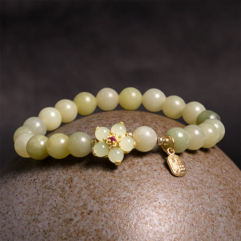 Green Jade Flower Fu Character Charm Luck Bracelet