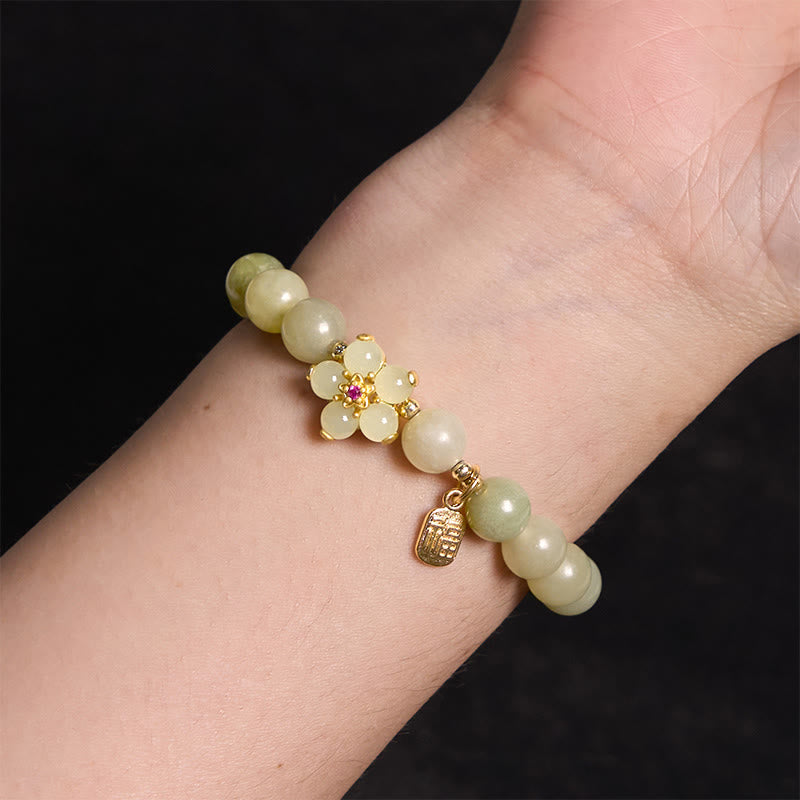 Green Jade Flower Fu Character Charm Luck Bracelet