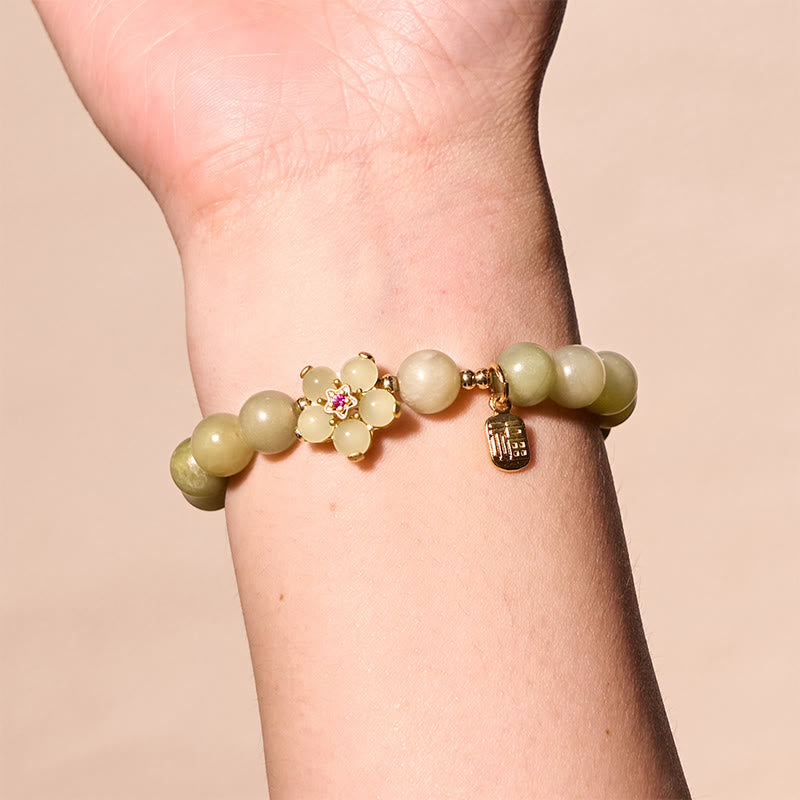 Green Jade Flower Fu Character Charm Luck Bracelet