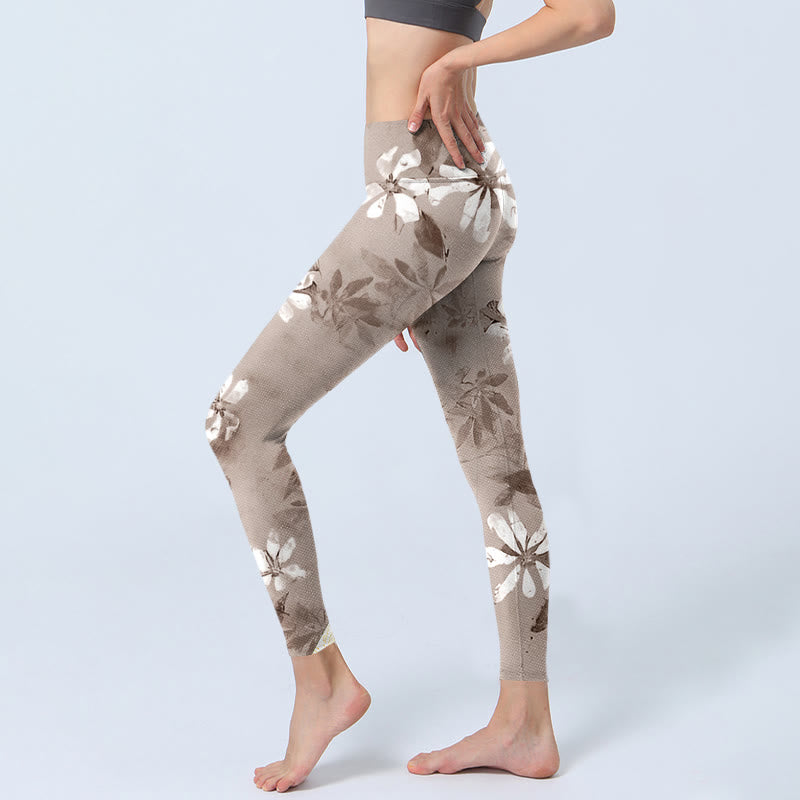 White Brown Flowers Pattern Gym Leggings Women's Yoga Pants