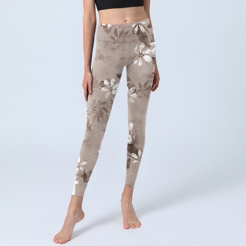White Brown Flowers Pattern Gym Leggings Women's Yoga Pants
