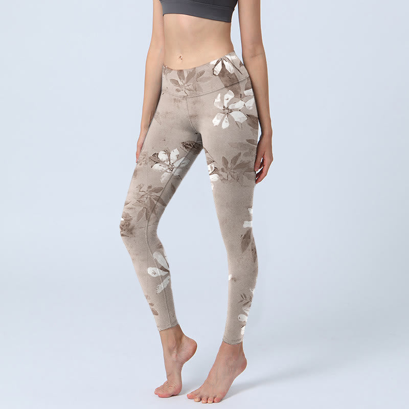 White Brown Flowers Pattern Gym Leggings Women's Yoga Pants